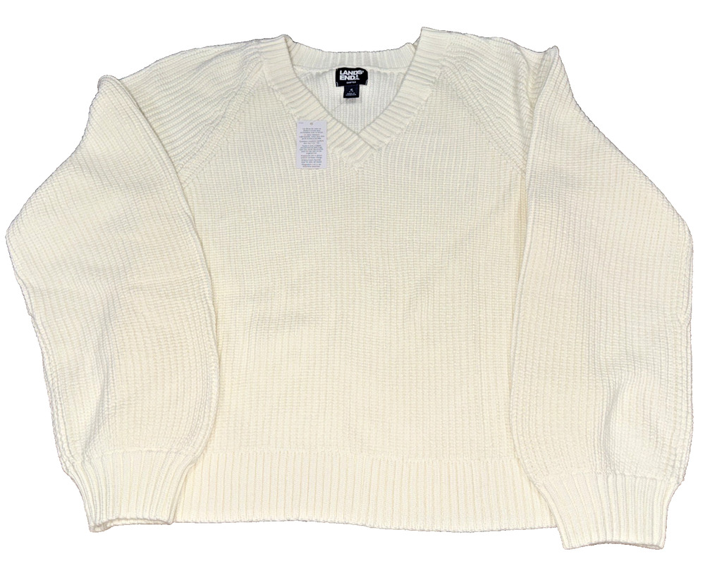 NWT Lands’ End Drifter Ivory Cotton V Neck Sweater S